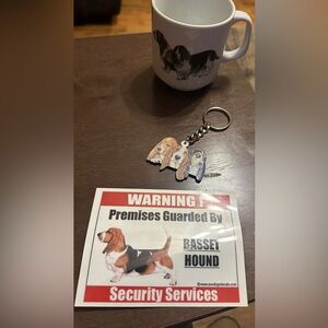Brand New Basset hound coffee cup, key chain and window sticker
